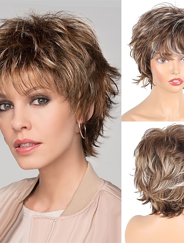  perruques courtes brunes pour femmes coupe lutin perruque avec une frange couches droites bouclés perruques pour les femmes blanches shaggy pleine perruque synthétique ondulés bouclés longueur moyenne