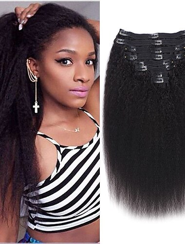  clip dans les extensions de cheveux de cheveux humains crépus raides soyeux vierge cheveux clip en pleine tête 18 pouces non transformés brésiliens remy cheveux humains pour les femmes noires 8 pièces