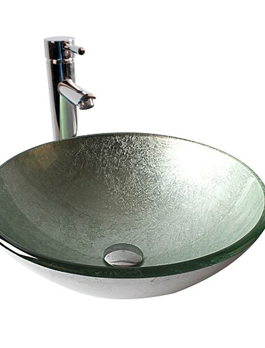  Rundes künstlerisches Waschtisch-Waschbecken, Badezimmergefäß, Schüssel aus gehärtetem Glas, 16,5 Zoll, Kunst-Waschbecken-Mischbatterie-Set mit Pop-up-Ablauf, Arbeitsplatte in Bootsform über dem Waschraum