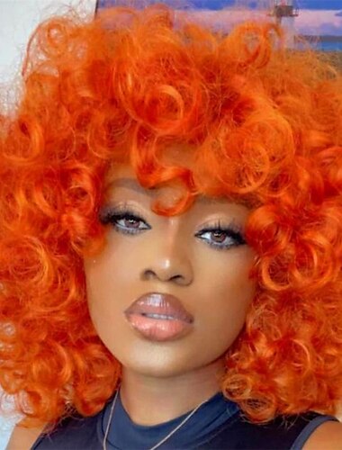  Perucas curtas de cabelo sintético afro encaracolado para mulheres negras soltas, fofas, na altura dos ombros, cabelo de aparência natural, perucas laranja, resistentes ao calor, perucas de