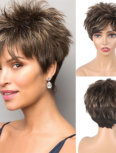  короткие каштановые черные волосы парики с челкой омбре черные парики пикси для пожилых женщин смешанные темно-коричневые блики многослойные лохматые синтетические парики натуральный прямой милый
