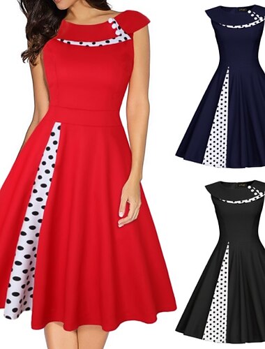  Tupfen Klassisch Retro Vintage Knielang Kleid Partykostüm Weihnachtskleid Kappe Mädchen vom Lande Dame Tupfen Damen Valentinstag Party / Abend Zeremonie Verlobungsfeier Erwachsene Kleid