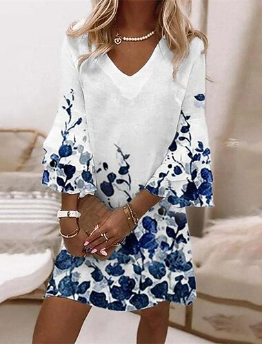  Vrouwen Mini Jurk Semi Formele Jurk Petite Jurk Zomerjurk A-lijn Jurk Bohemia Casual Boho Ruffle Mouw Vakantie Straat Dagelijks Regular Fit Bloemen Gestreept 3/4 Lange Mouw V-hals Wit
