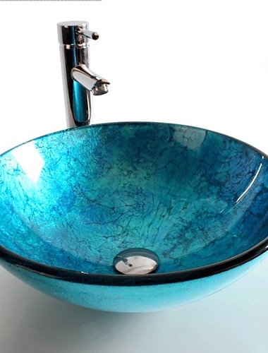  okrągła artystyczna umywalka umywalka naczynie łazienkowe miska ze szkła hartowanego 16,5 cala, artystyczna bateria umywalkowa z wyskakującym odpływem, blat w kształcie łódki nad umywalką