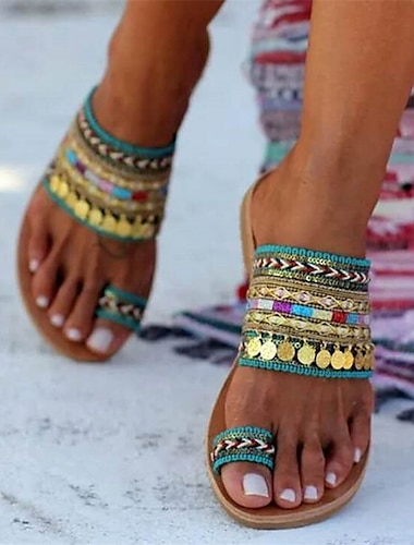  Pentru femei Sandale Boho Sandale plate Papuci de exterior În aer liber Zilnic Plajă Dungi Vară Paiete Toc Drept Vârf deschis Epocă Casual minimalism Poliester Loafer Negru Rosu Verde