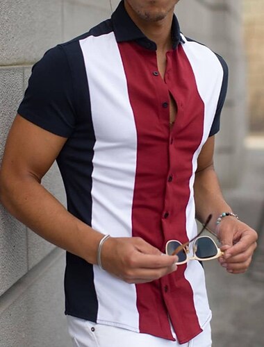 男性用 シャツ ボーリングシャツ ボタンアップシャツ サマーシャツ レッド-ホワイト ブルー グリーン 半袖 カラーブロック 折襟 アウトドア ストリート ボタンダウン 衣類 ファッション 1950年代風 カジュアル 高通気性