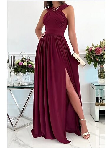  abito da festa delle donne abito da ospite di nozze abito lungo abito maxi vino rosso beige senza maniche colore puro backless primavera estate scollo all'americana 2023 s m l xl xxl