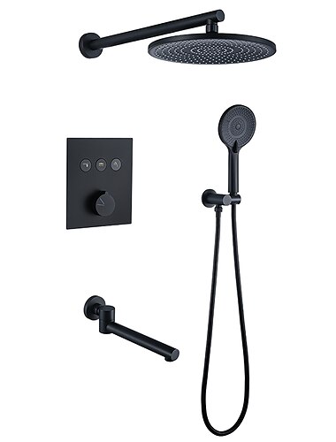  10 inch ronde douchekranen sets, 3-functie mat zwart / chroom compleet met messing douchekop en massief messing handdouche bevestiging in regendouchekop systeem