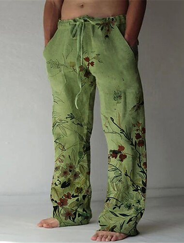  رجالي بنطلونات السراويل الصيفية سروال الشاطئ تصميم الرباط المرن جيب أمامي الساق المستقيمة مطبوعات غرافيك وردة راحة ناعم فضفاض مناسب للبس اليومي للعطلة نسيج مثل الكتان موضة مصمم أبيض أخضر