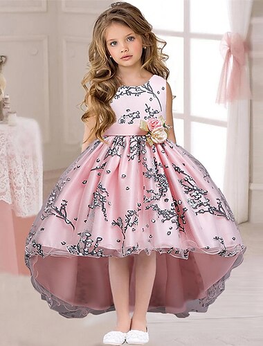  子供 女の子 ドレス フラワー ソリッド ノースリーブ 結婚式 パーティー フリル メッシュ かわいいスタイル プリンセス ポリエステル アシメントリー 花柄刺繍ドレス A ラインドレス チュールワンピース 夏 春 3〜12年 ピンク ワイン ダスティローズ