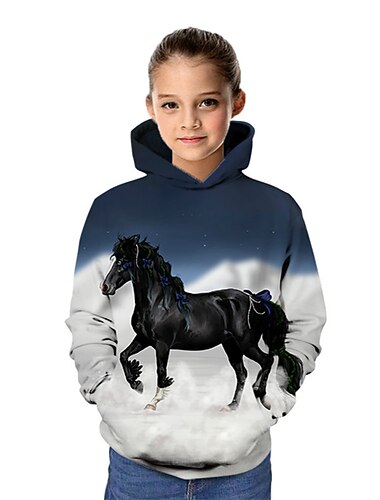  Chica 3D Animal Caballo Sudadera Manga Larga Impresión 3D Otoño Invierno Moda Ropa de calle Adorable Niños 3-13 años Exterior Diario Interior Ajuste regular