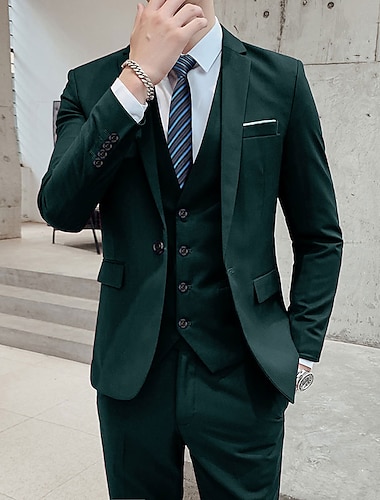  ירוק כהה שחור כחול חליפות נשף גברים חליפות חתונה 3 חלקים שמלת עסקים בצבע אחיד חליפות גזרה בגזרה קלה בגזרה חד חזה שושבן עם כפתור אחד 2024