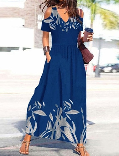  Mujer Vestido informal Vestido de Columpio Vestido de flores vestido largo vestido largo Azul Oscuro Manga Corta Floral Bolsillo Verano Primavera Escote en Pico Elegante Holgado 2023 S M L XL XXL
