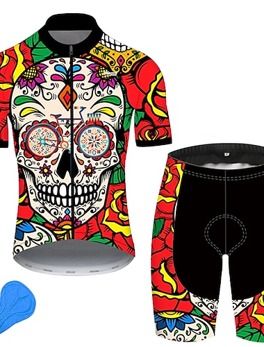  Miesten Pyöräily jersey ja shortsit Lyhythihainen Maastopyöräily Maantiepyöräily Kesä Kevät Syksy Sininen Vihreä Vihreä / Keltainen Pääkallot Kuviollinen Sokerikallo Kukat Kasvit Kukka Pyörä 3D