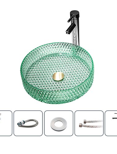  Waschbecken mit verchromtem Wasserhahn, Waschbecken aus Glas, Arbeitsplatte, Zylinderwaschbecken, Handwaschbecken, Arbeitsplatte, Glaswaschbecken-Set mit verchromtem Messinghahn