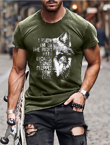  Herren Tiermotiv Wolf Buchstabe T Shirt Lässiger Stil 100% Baumwolle Kurzarm Grafik Hemd Heather Grey Schwarz Armeegrün Bequemes T-Shirt Lässig Modedesigner-Kleidung