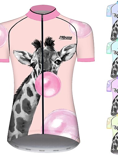  女性用 サイクリングジャージー 動物 キリン柄 パターン柄 半袖 バイク ジャージー トップス 3つのリアポケット付き マウンテンサイクリング ロードバイク UV耐性 速乾性 後ポケット モイスチャーコントロール スポーツ ピンク パープル グリーン 衣類