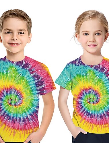  Kinder Jungen Mädchen T-Shirt Kurzarm 3D-Druck Batik Schwarz Blau Rosa Kinder Oberteile Frühling Sommer Basic nette Art Täglich Outdoor Regular Fit 3-12 Jahre