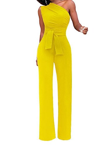  Damen Normal Jumpsuit Elegant Feste Farbe Ärmellos Ein-Schulter mit Schnürung Rückenfrei Hochzeit Party Regular Fit Schwarz Weiß Gelb Sommer