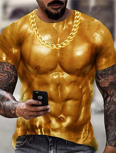  男性用 3DマッスルTシャツ Tシャツ 半袖 Tシャツ 3Dプリント クルーネック シャツ スポーツ デザイナー クラシック 日常 スポーツ 週末 シルバー イエロー ブルー 夏 衣類 S M L XL XXL 3XL 4XL