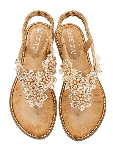  Damensandalen im Boho-Stil mit Blumenperlen – lässige Sommer-Flip-Flops mit elastischem Riemen und verziertem Design für den Strand oder lässige Outfits
