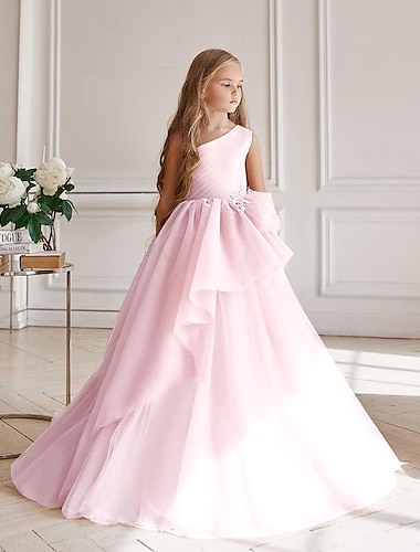  rochie de fată cu flori, în formă de linie, lungimea podelei, pentru prima comuniune, drăguță rochie de bal șifon cu volane, potrivită 3-16 ani