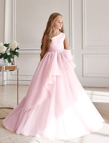  A-Linje Golvlång Blomsterflicka Klänning Första Kommunion Söt Prom Klänning Chiffong med Volanger Fitting 3-16 År