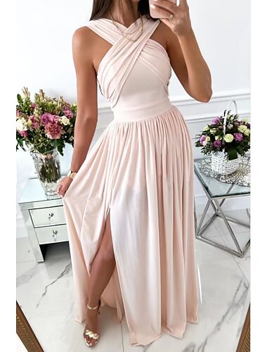 Damen Valentinstag Partykleid Hochzeitsgastkleid langes Kleid Maxikleid weinrot beige ärmellos reine Farbe rückenfrei Frühling Sommer Neckholder