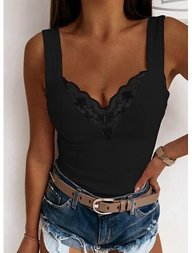  Damen Neckholder-Unterhemd Gehen Tops Camis Konzert Tops Schwarz Weiß Blau Einfach Patchwork Spitze Ärmellos Party Täglich Basic Sexy Herzförmig Regelmäßig S