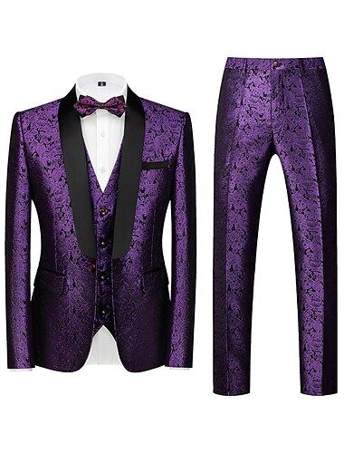  Mäns festtuxedos glittrande silver svart jacquard skräddarsydd passform 3-delad enkelknäppt en knapp