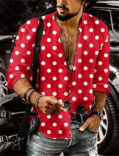  Hombre Camisa Camisa de verano Abotonar la camisa Rojo Azul Piscina Gris Manga Larga A Lunares Escote Chino Exterior Calle Abotonar Ropa Poliéster Moda Casual Transpirable Cómodo