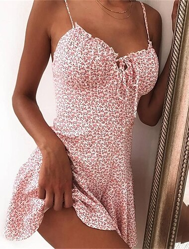  Damen Casual kleid Sommerkleid Blumenkleid Minikleid Dunkelgelb Hellrosa Weiß Ärmellos Blumen mit Schnürung Frühling Sommer Spaghetti-Träger Sexy Urlaub Wochenende Schlank 2023 S M L XL XXL 3XL 4XL