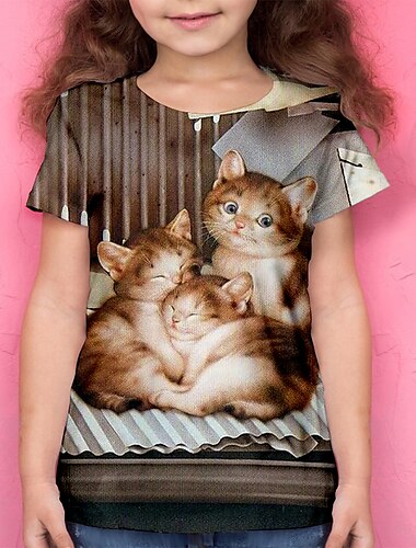  Chica 3D Animal Gato Camiseta Manga Corta Impresión 3D Verano Activo Poliéster Niños 4-12 años Escuela Ropa Cotidiana Ajuste regular