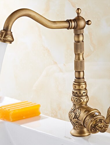  mitigeur d'évier de cuisine traditionnel, robinets à une poignée en laiton antique bec standard monté sur le pont robinet de cuisine de style rétro vintage avec tuyau froid et chaud