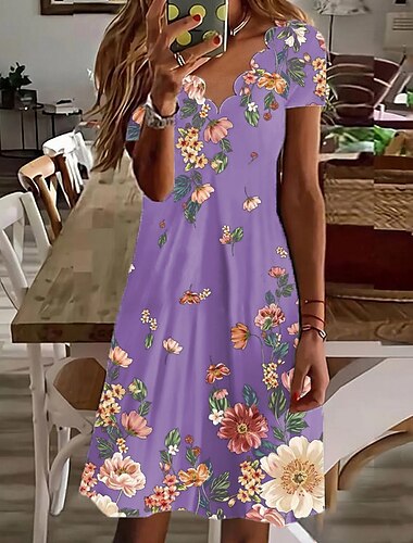  Ženské mini šaty casual šaty petite šaty sluneční šaty A-line šaty bohémské tropické sexy na dovolenou casual každodenní pravidelný střih květinové krátký rukáv sladký bílé fialové zelené léto jaro