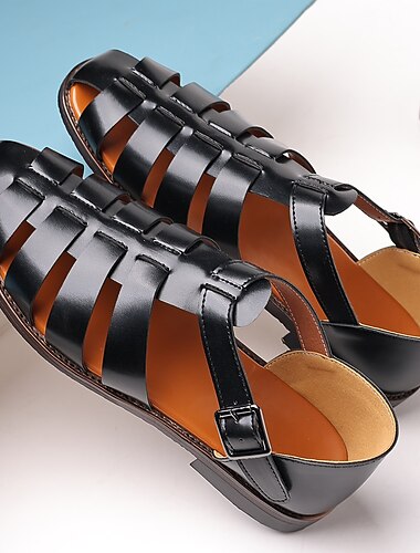  صندل رجالي بني من الجلد الصناعي مغلق الأصابع مع حزام بإبزيم - حذاء صيفي غير رسمي قابل للتنفس للارتداء في الهواء الطلق والارتداء اليومي