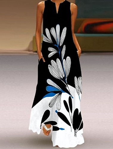  レディースラインドレスマキシロングドレスブラックノースリーブフローラルヒョウ柄サマーVネックスタイリッシュ20225xl