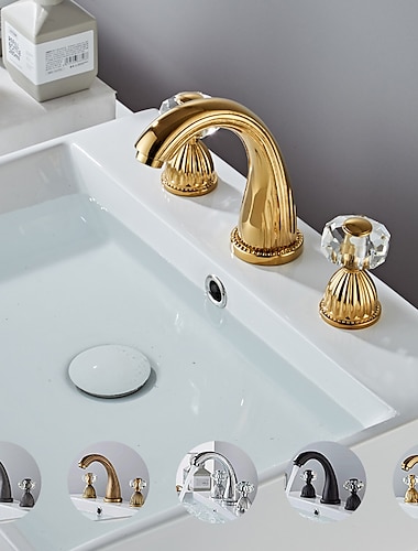  Widespread Bathroom Sink Mixer Faucet, Brass Basin Taps 2 Handle 3 Hole Retro Style Crystal Handle, Washroom Bath with Hot and Cold Water Hose