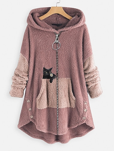  Mujer Talla extra Abrigo de peluche Animal Gato Casual Casa Manga Larga Escote en V Regular Otoño Invierno Verde Trébol Rosa Gris Oscuro L XL XXL 3XL 4XL / Talla Grande / Holgado