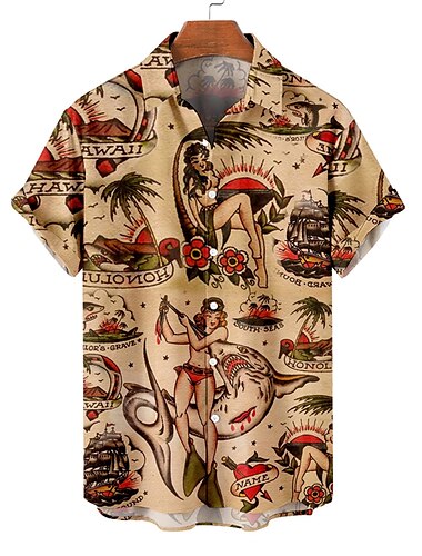  Homme Feuille de palmier Pin Up Fille Chemise Chemise hawaïenne Chemise Aloha Manche Courte Chemise Col rabattu Rétro Vintage Mode Design Vacances Casual du quotidien Jaune Bleu Marron Print S M L