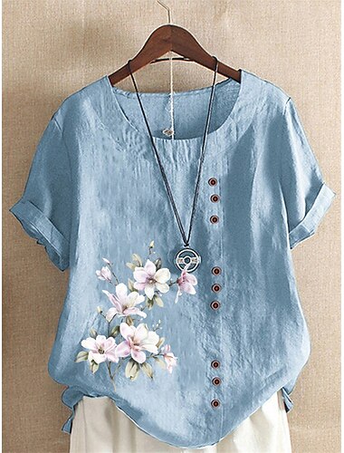  חולצת נשים חולצת פשתן טישרט פרחונית סגנון רחוב עם שרוול קצר צווארון מהדס טופים רגילים לחופשה יומיים להצאו כפתורים לבן כחול ירוק כחול כהה קיץ אביב