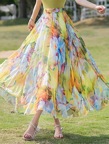  Dames Rok Schommel Lange rok Modieus Boho Lange Lengte Zomer Maxi Rokken Bloemig Flora Ruche Afdrukken Vakantie Feestdagen Geel Lichtgroen Wijn Rood Zomer Chiffon