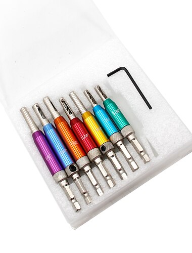  7個入りカラードアロック&amp; ヒンジドリルビットセットプラスチックボックスセルフセンタリングパイロットホールhss六角シャンクウッドツールホールソーdiy卸売価格