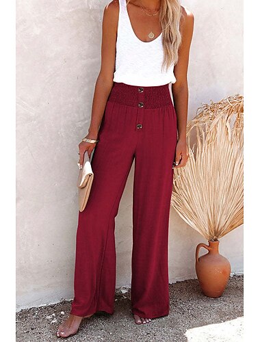  Damen Weites Bein Hose aus Baumwollleinen Baggy-Hosen Urlaub solide Volle Länge Mittlere Taille Elastischer Bund Weites Bein Baggy Komfort Mikroelastisch Lässig Ferien Schwarz Weiß Wein Grün Sommer