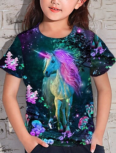  Mädchen 3D Tier Einhorn T-Shirt Kurzarm 3D-Druck Sommer Frühling Aktiv Modisch Kuschelig kinderkleidung 3-12 Jahre Outdoor Täglich Innen Regular Fit