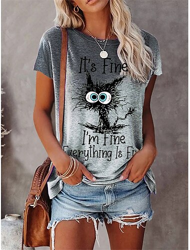  Damen T Shirt Purpur Braun Grau Katze Buchstabe Patchwork Bedruckt Kurzarm Casual Täglich Basic Rundhalsausschnitt Standard I'm Fine Everything Is Fine S