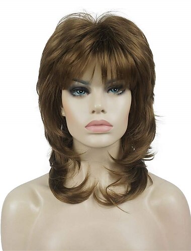  Zottelige Stufenperücke Schulterlange Damenperücke mit Pony Hochwertige Kunsthaarperücke für Damen