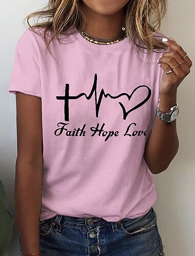  Damen T Shirt Herz Buchstabe Basic Kurzarm Rundhalsausschnitt Normale Oberteile Casual Wochenende Bedruckt Weiß Rosa Blau Grün Grau Sommer