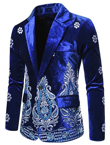  Мужской бархатный пиджак с пайетками и узором пейсли, осенний свадебный пиджак, повседневный блестящий пиджак для вечеринки, шелковый пиджак с принтом черного вина, королевский синий 2024