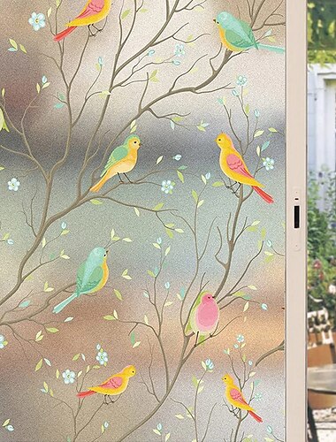  Window Covering Film Cartoon Twig Bird Frosted Static Privacy Decoration Self Adhesive for UV Blocking Heat Control Glass Window Stickers 100X45CM